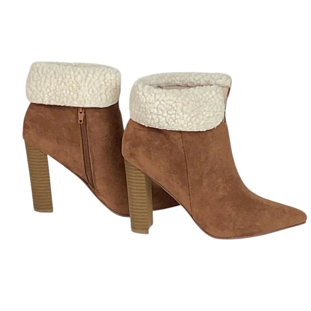 Yoki Shona Womens Brown Faux Suede Sherpa Trim Block Heel Ankle Boots Size 8
